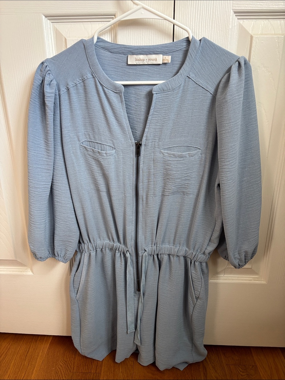bishop + young Powder Blue Zip-Front Romper with Puff Sleeves